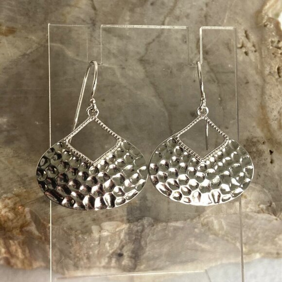 Sterling Silver 925 Teardrop Disc Hammered Dangle Drop Earrings - Picture 12 of 16